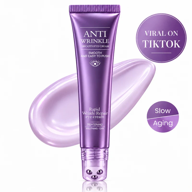 Purple eye-cream tube with three-ball applicator and cream texture
